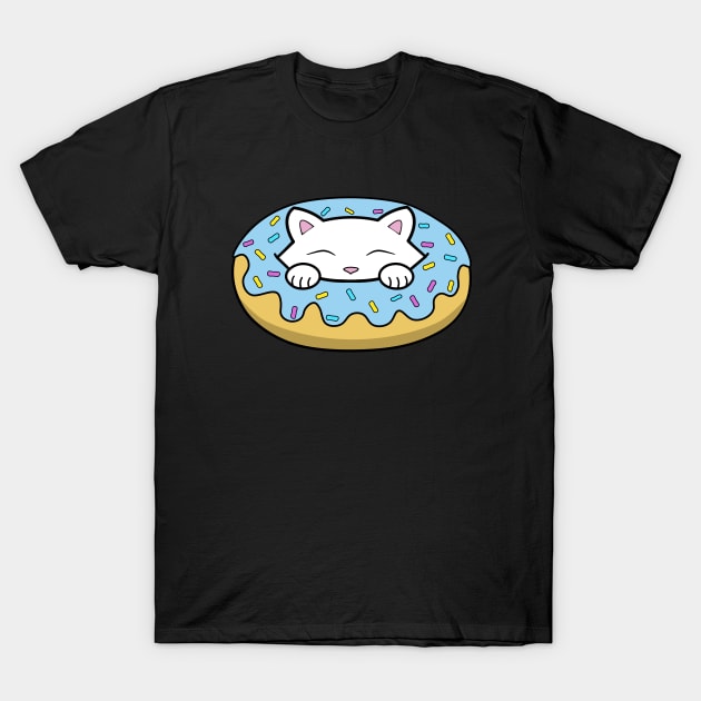 Cute white kitten eating a big blue doughnut with sprinkles on top of it T-Shirt by Purrfect